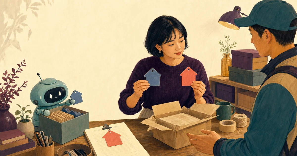 包貨桌前，短髮女子把 AI 從舊檔案盒取出的藍色房屋地址牌，與最新訂單夾上的珊瑚色房屋地址牌並排核對，包裹仍未封口。