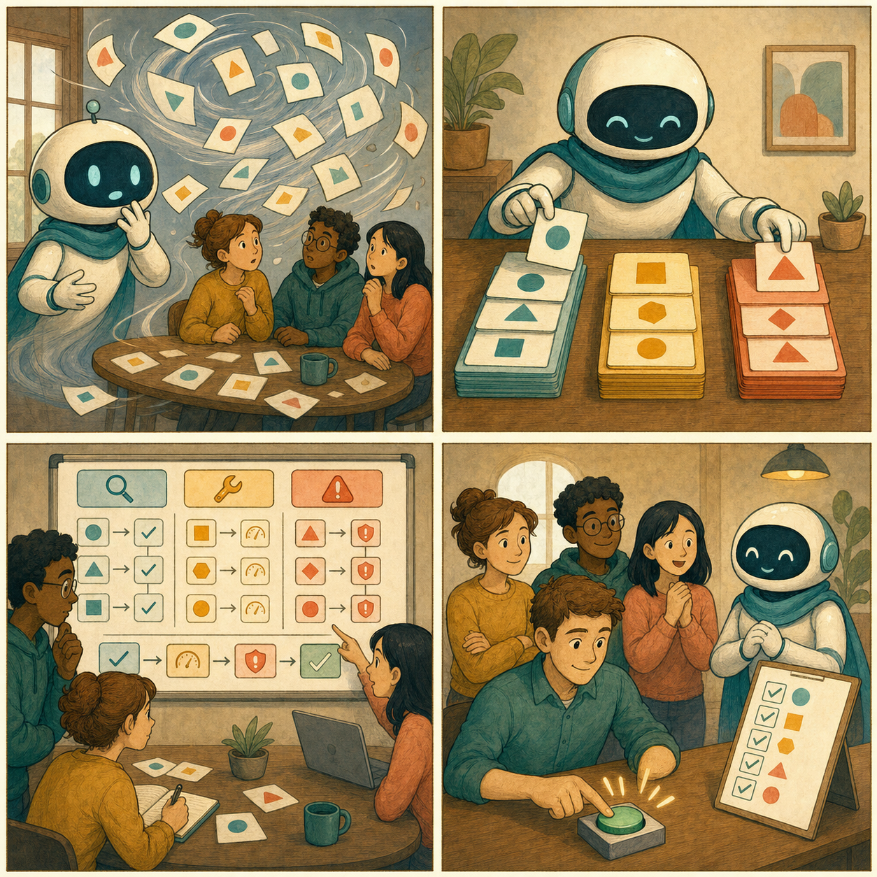 四格漫畫:AI 找到大量漏洞卡片,團隊先分層,再由人類確認範圍與回滾條件,最後按下放行鍵。