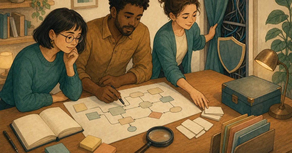 暖色手繪桌面插圖:團隊把一條 AI workflow 流程圖放在檢查板上,旁邊有空白鑰匙卡、日誌本與安全收納盒,沒有文字。