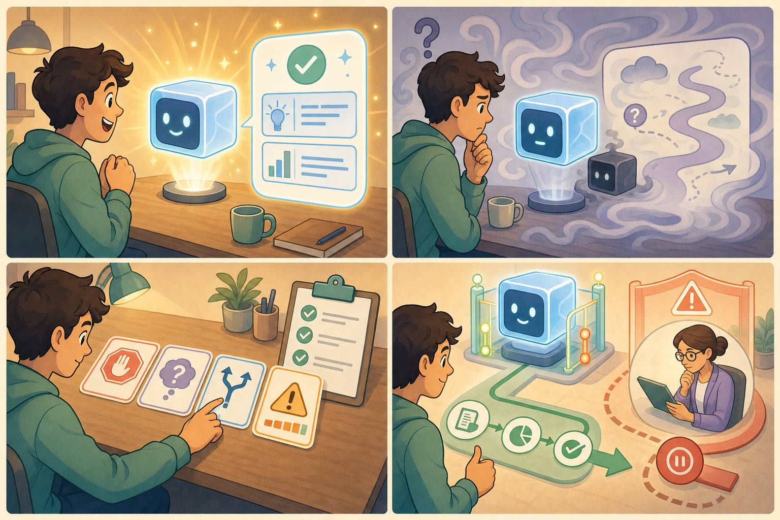 一則四格漫畫：使用者先收到清楚的 AI 回答，隔天看到同題變得模糊，接著用證據卡和檢查清單分類風險，最後讓低風險任務前進並暫停高風險流程覆核。