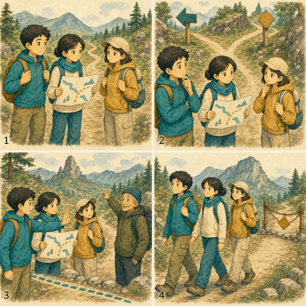 一群朋友面對不確定路線時先停下查證，再在確認範圍內前進的四格漫畫