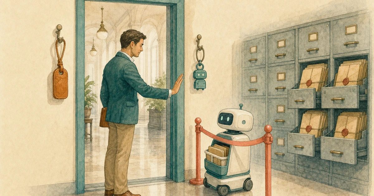暖色手繪插圖:一位財務人員在檔案室入口抬手阻止 AI 助手越過紅色界線,牆上分別掛著人員與機器的識別牌,右側抽屜仍保持上鎖。