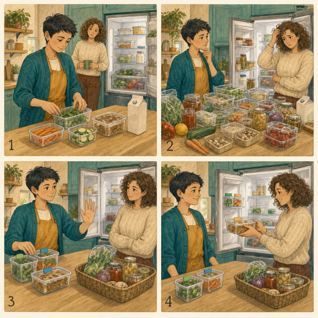 冰箱裡的食物從排得整齊但用途不明，到貼上日期、分類與下一步標籤，讓下一位家人能接著處理的四格漫畫