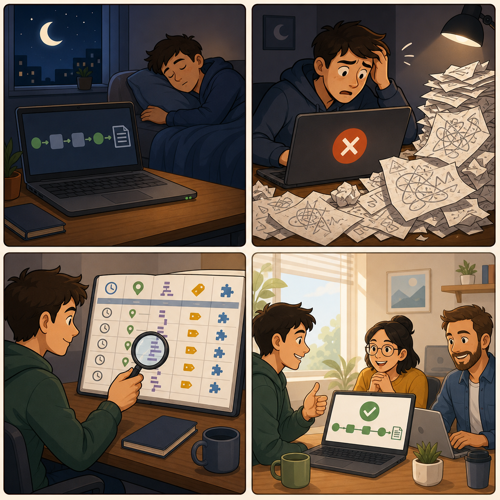 夜間自動報表出錯後，因為有整理好的日誌而快速定位問題的四格漫畫